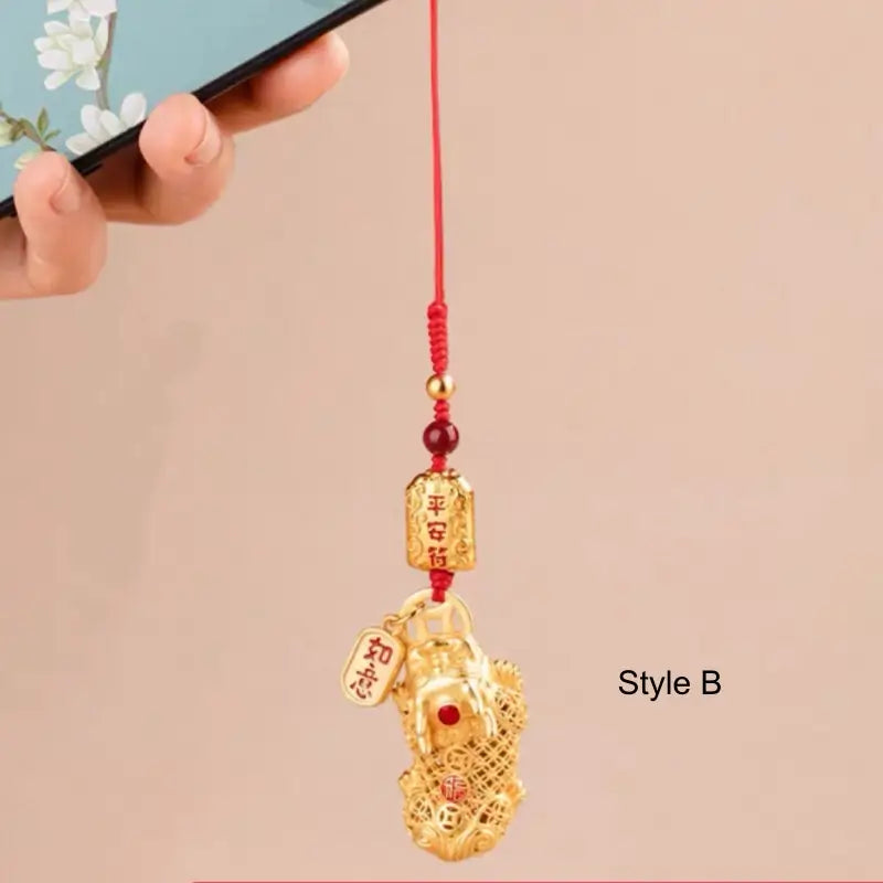 Gold-Plated Brass Money-Biting Pixiu & Cinnabar Bead Key/Phone Pendant-LuckyCharms.Shop