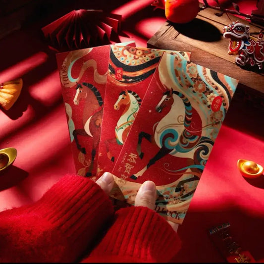 Dunhuang Heavenly Horse Red Envelopes | Festive Glitter Red-Gold Set 6pcs for Year of the Horse Gifting