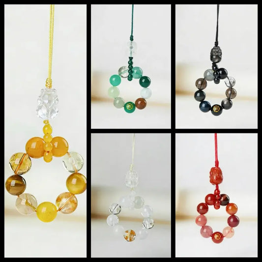 Porte-clés et breloque pour téléphone en cristal Pixiu des Cinq Éléments | Cristal naturel précieux, talisman porte-bonheur