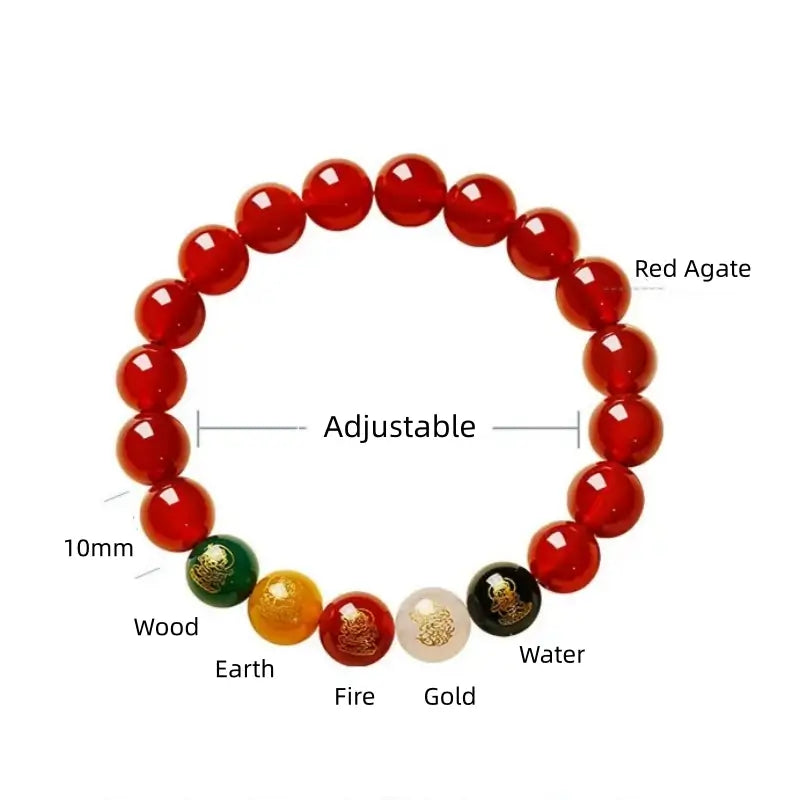 Natural Red Agate Five Gods of Wealth Bracelet | 10mm, Five Elements Agate, Adjustable, Fortune Attracting