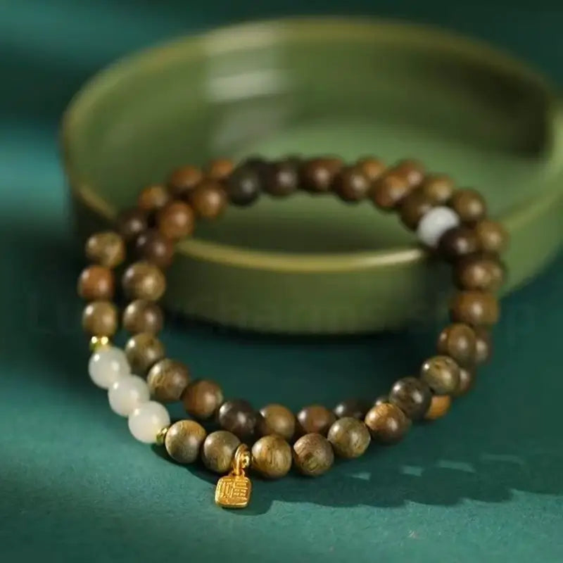 Fortune Pendant Hetian Jade Bead Green Sandalwood Beaded Bracelet-LuckyCharms.Shop