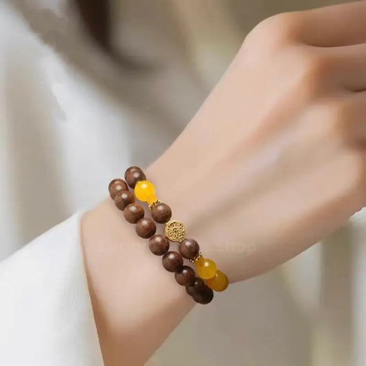 Lingyin Natural Green Sandalwood & Yellow Agate Bead Wealth-Attracting Bracelet-LuckyCharms.Shop