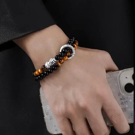 999 Fine Silver Pixiu Peace Buckle Double-Layer Bracelet | Obsidian, Tiger's Eye, Elastic Fit for Men-LuckyCharms.Shop