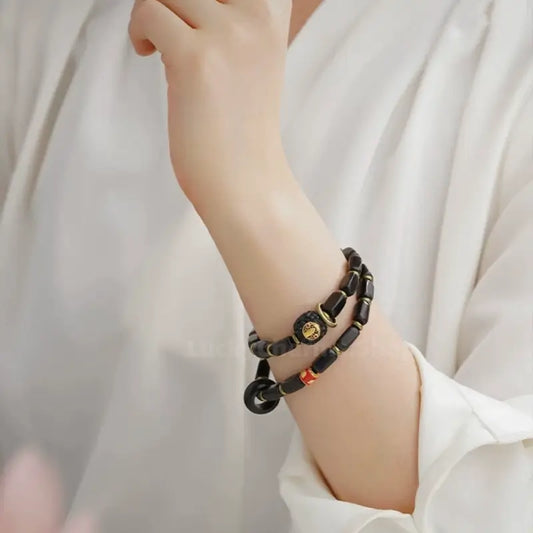 Potala Palace Enpowered Ebony Wood Three-Eyed Dzi Bead Prayer Bracelet-LuckyCharms.Shop