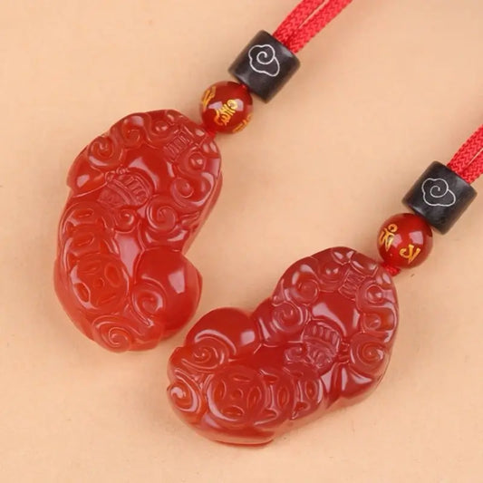 Natural Red Agate Pixiu Pendant Necklace | Six-Syllable Mantra Beads, Adjustable Braided Cord, Gender-Specific-LuckyCharms.Shop