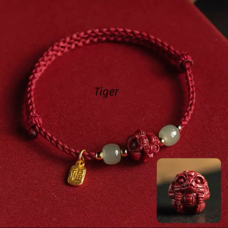 Chinese Zodiac Cinnabar & Hetian Jade Fortune-Turning Bead Braided Bracelet-LuckyCharms.Shop