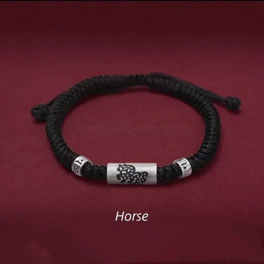 925 Silver Chinese Zodiac Lu Lu Tong Six-Syllable Mantra Men's Black Bracelet | Adjustable, Minimalist Chinese Style
