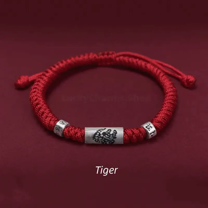 925 Sterling Silver Zodiac Lu Lu Tong (Smooth Progress) Six-Syllable Mantra Red Bracelet | Adjustable-LuckyCharms.Shop