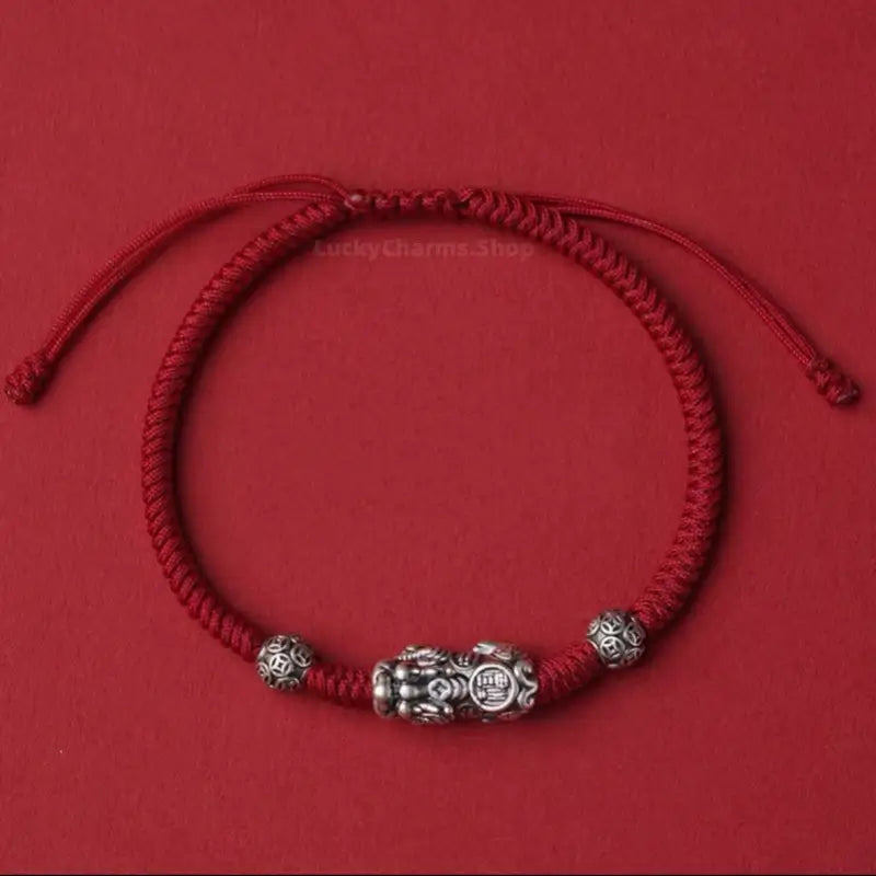 999 Fine Silver Pixiu Lucky Bead Braided Bracelet | Engraved "Fu" Pattern, Auspicious Jewelry-LuckyCharms.Shop