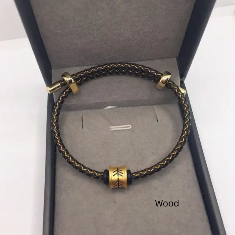 Bracelet Lu Lu Tong plaqué or à cinq éléments | Cordon en cuir tressé noir et or, taille ajustable