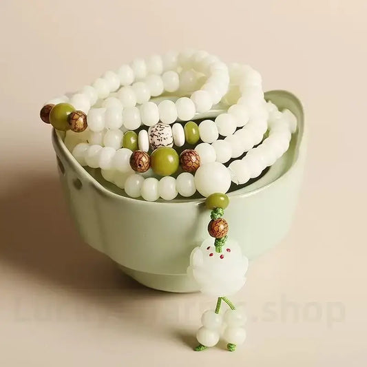 Nautral White Jade Bodhi Seed Lotus Mala 108 Beads Double-Strand Bracelet Wisdom Luck Success-LuckyCharms.Shop