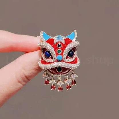 Chinese-Style Lion Dance Enamel Brooch with Crystal Inlays-LuckyCharms.Shop