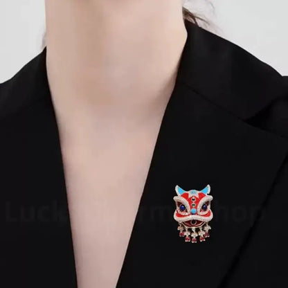 Chinese-Style Lion Dance Enamel Brooch with Crystal Inlays-LuckyCharms.Shop