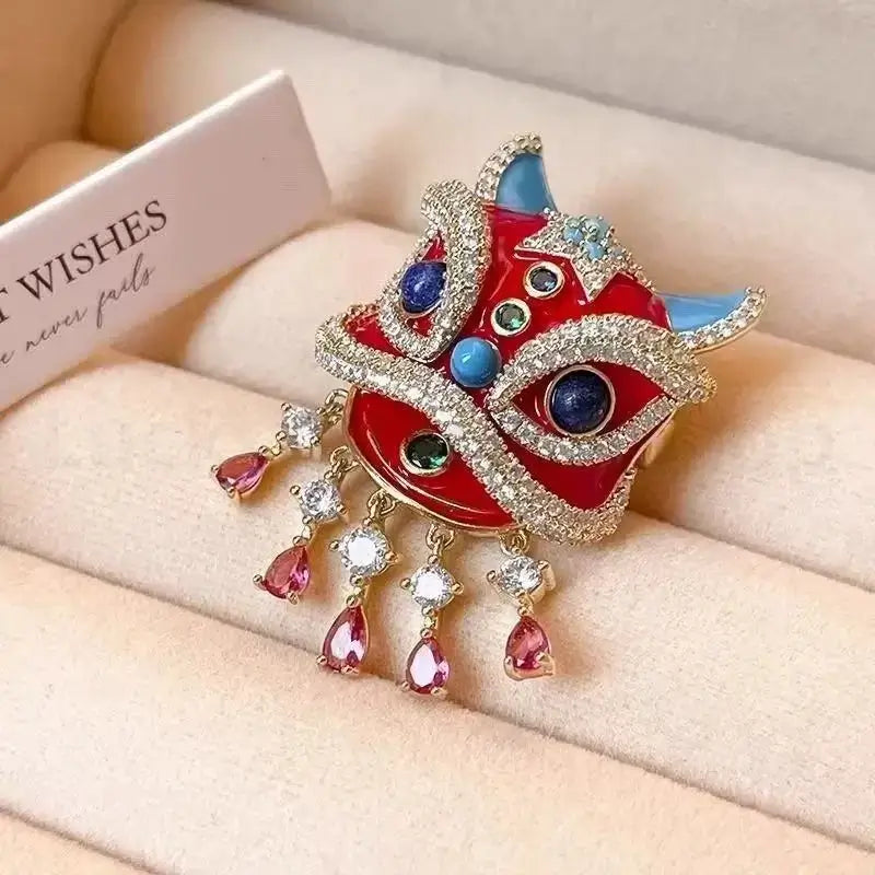 Chinese-Style Lion Dance Enamel Brooch with Crystal Inlays-LuckyCharms.Shop