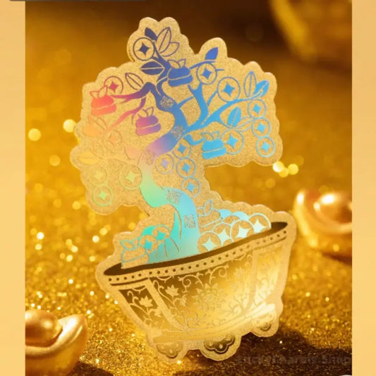 Money Tree 999 Pure Gold Phone Sticker | 2mg/Piece, 4.2*6.2cm, Iridescent Craft, Copper Coin & Persimmon Elements, Lucky Meaning-LuckyCharms.Shop