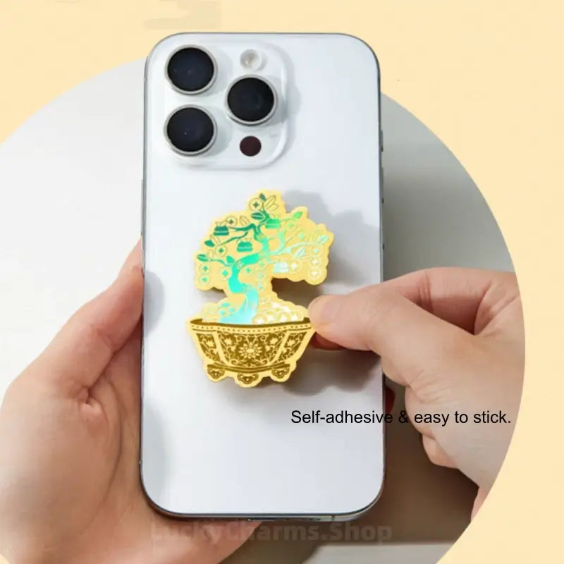 Money Tree 999 Pure Gold Phone Sticker | 2mg/Piece, 4.2*6.2cm, Iridescent Craft, Copper Coin & Persimmon Elements, Lucky Meaning-LuckyCharms.Shop