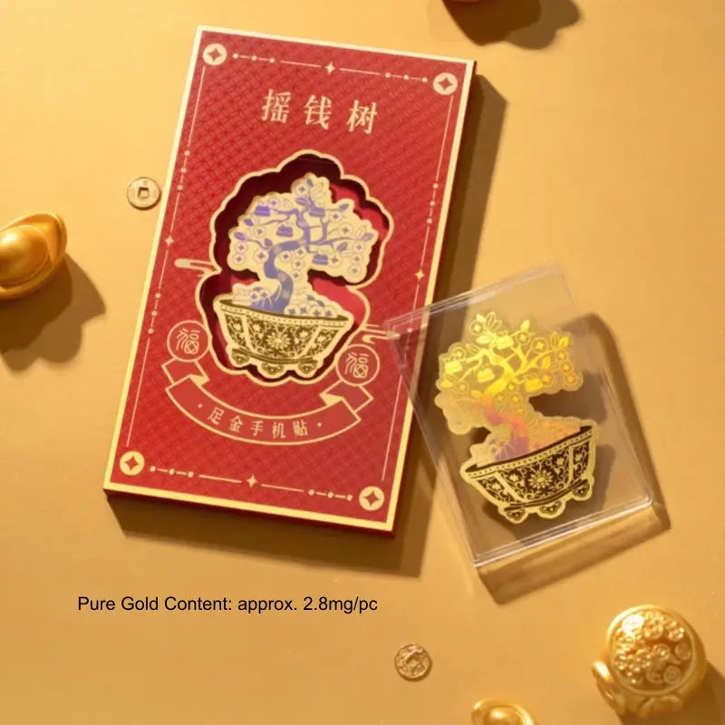 Money Tree 999 Pure Gold Phone Sticker | 2mg/Piece, 4.2*6.2cm, Iridescent Craft, Copper Coin & Persimmon Elements, Lucky Meaning-LuckyCharms.Shop