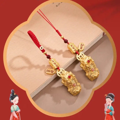 Gold-Plated Brass Money-Biting Pixiu & Cinnabar Bead Key/Phone Pendant-LuckyCharms.Shop