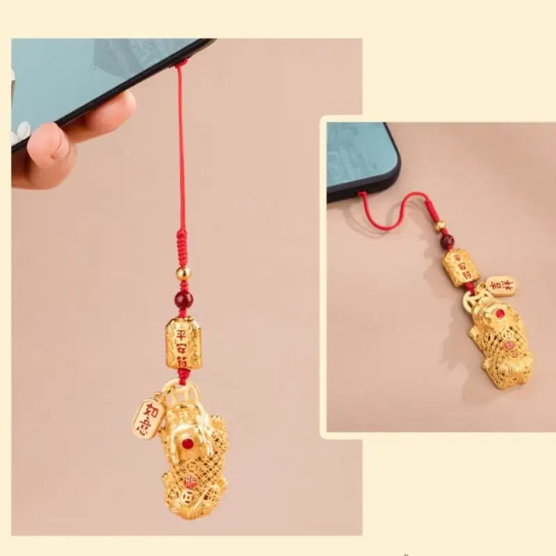 Gold-Plated Brass Money-Biting Pixiu & Cinnabar Bead Key/Phone Pendant-LuckyCharms.Shop