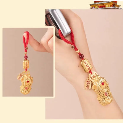 Gold-Plated Brass Money-Biting Pixiu & Cinnabar Bead Key/Phone Pendant-LuckyCharms.Shop