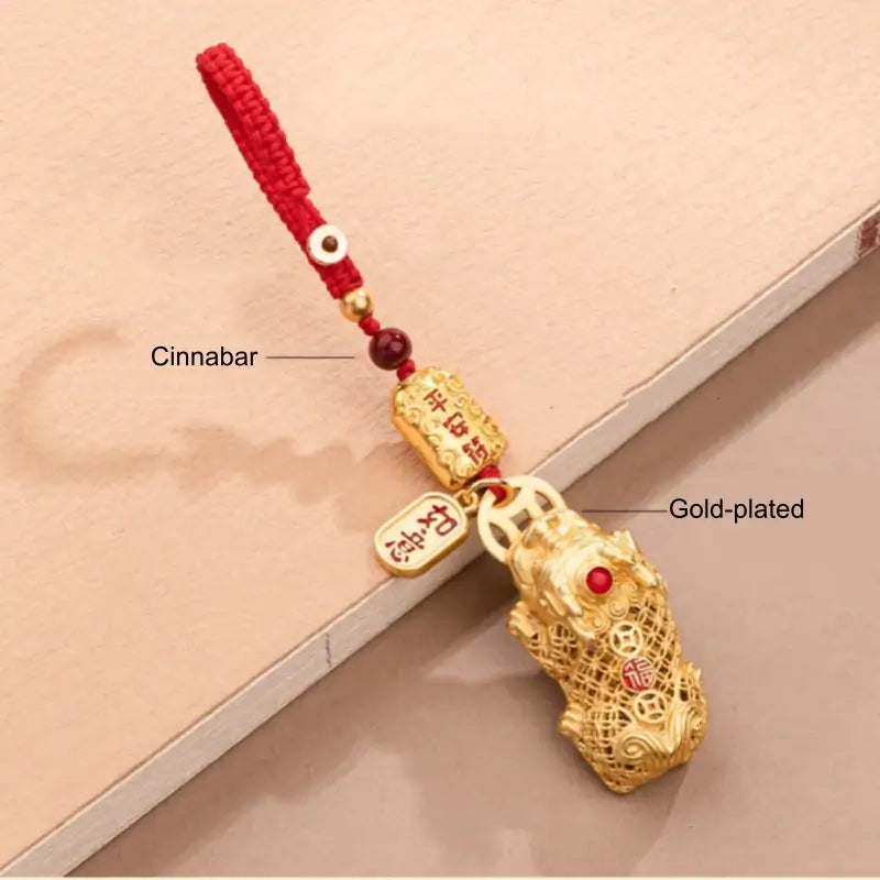 Gold-Plated Brass Money-Biting Pixiu & Cinnabar Bead Key/Phone Pendant-LuckyCharms.Shop