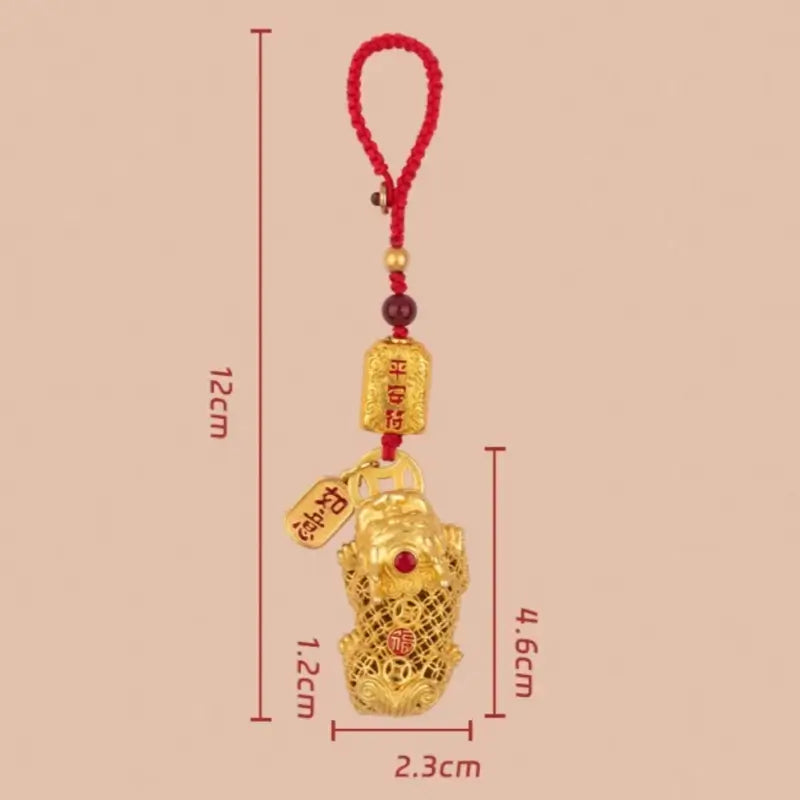 Gold-Plated Brass Money-Biting Pixiu & Cinnabar Bead Key/Phone Pendant-LuckyCharms.Shop