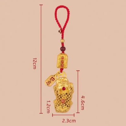 Gold-Plated Brass Money-Biting Pixiu & Cinnabar Bead Key/Phone Pendant-LuckyCharms.Shop