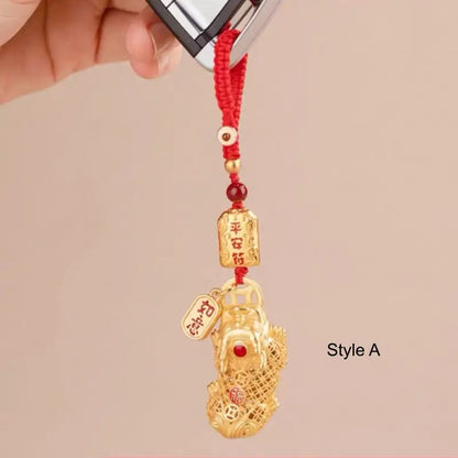 Gold-Plated Brass Money-Biting Pixiu & Cinnabar Bead Key/Phone Pendant-LuckyCharms.Shop