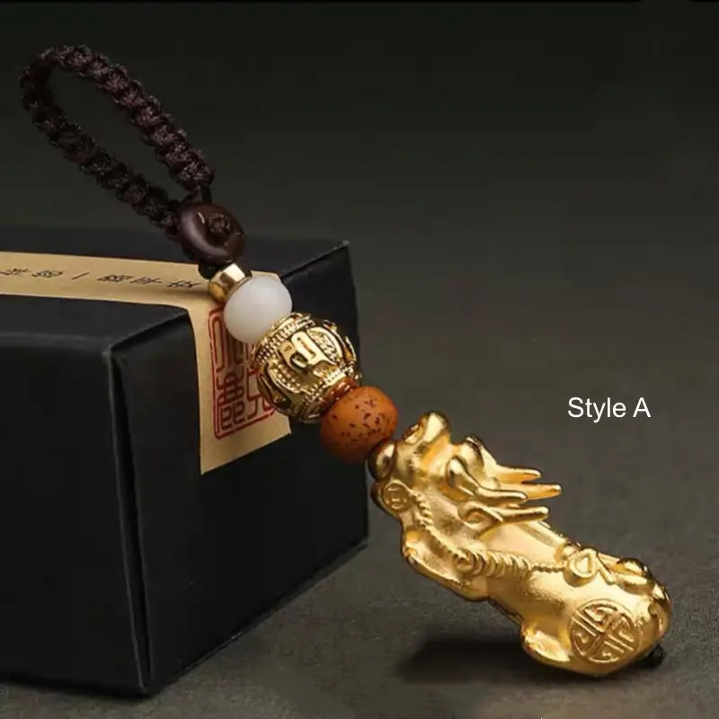 Solid Brass Gold-Plated Pixiu Keychain | Six-Syllable Mantra Beads, 3 Styles-LuckyCharms.Shop