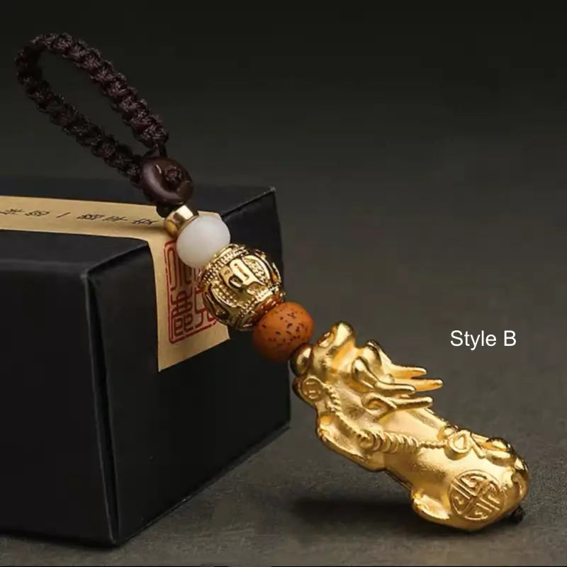 Solid Brass Gold-Plated Pixiu Keychain | Six-Syllable Mantra Beads, 3 Styles-LuckyCharms.Shop