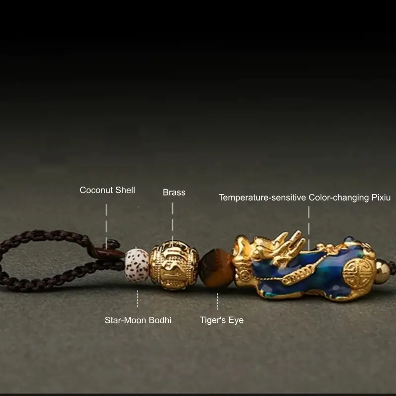 Solid Brass Gold-Plated Pixiu Keychain | Six-Syllable Mantra Beads, 3 Styles-LuckyCharms.Shop