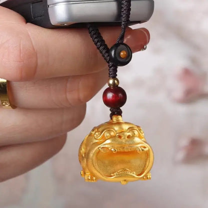Brass 24K Gold-Plated Big-Mouth Pixiu Keychain | Red Sandalwood Beads, Lucky Wealth Charm-LuckyCharms.Shop