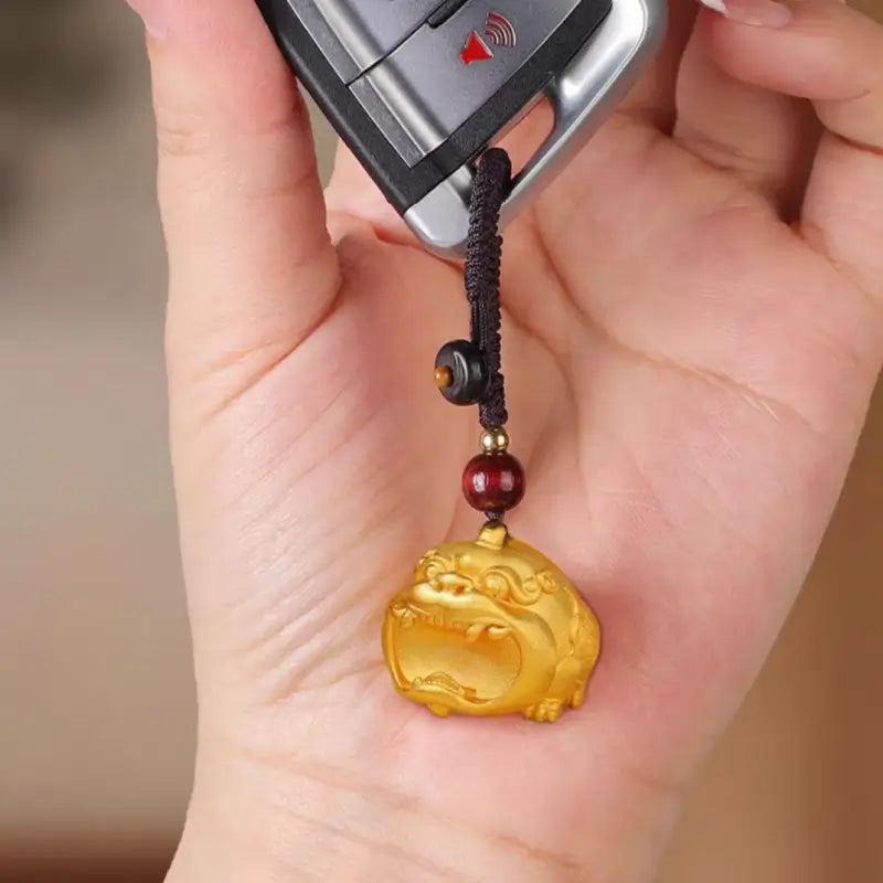 Brass 24K Gold-Plated Big-Mouth Pixiu Keychain | Red Sandalwood Beads, Lucky Wealth Charm-LuckyCharms.Shop