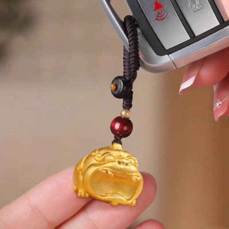 Brass 24K Gold-Plated Big-Mouth Pixiu Keychain | Red Sandalwood Beads, Lucky Wealth Charm-LuckyCharms.Shop