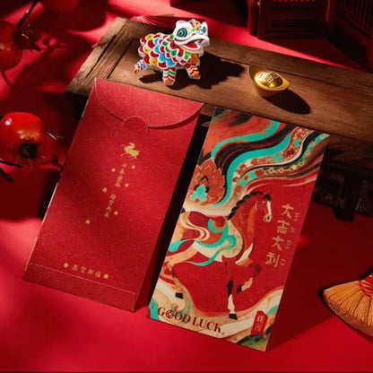 Dunhuang Heavenly Horse Red Envelopes | Festive Glitter Red-Gold Set 6pcs for Year of the Horse Gifting-LuckyCharms.Shop