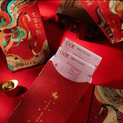 Dunhuang Heavenly Horse Red Envelopes | Festive Glitter Red-Gold Set 6pcs for Year of the Horse Gifting-LuckyCharms.Shop