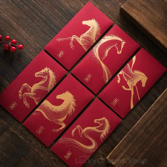 Burgundy Textured Red Envelopes | Gold Horse 6 Blessings Set for Year of the Horse
