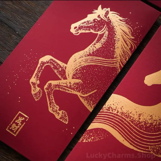 Burgundy Textured Red Envelopes | Gold Horse 6 Blessings Set for Year of the Horse