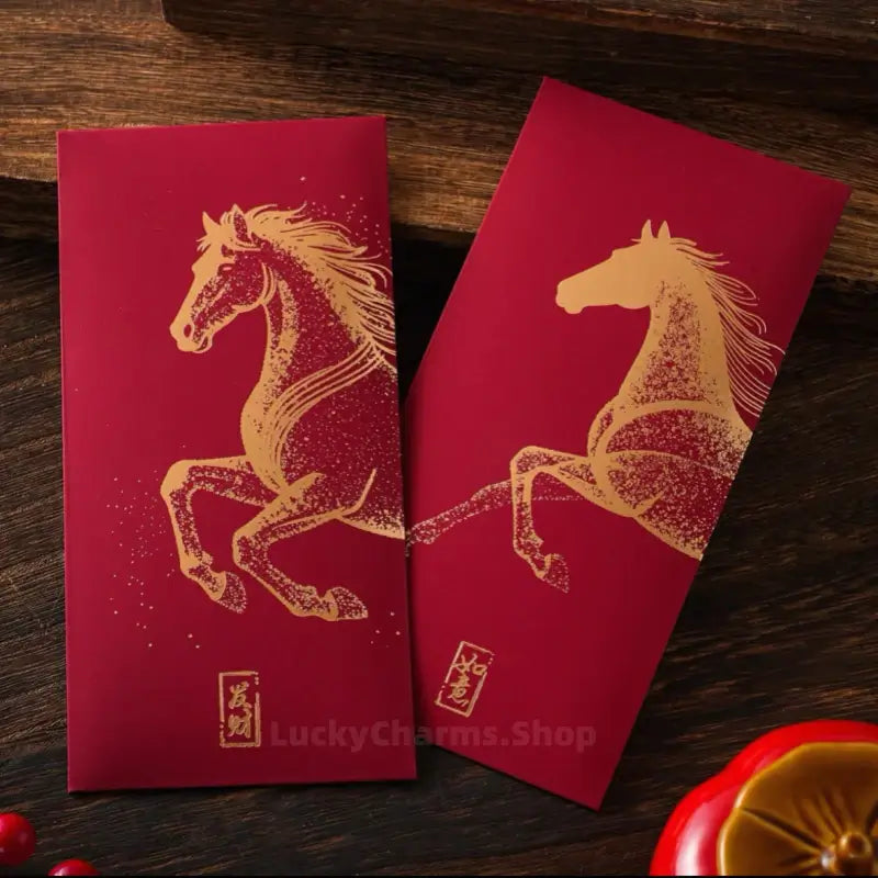 Burgundy Textured Red Envelopes | Gold Horse 6 Blessings Set for Year of the Horse-LuckyCharms.Shop