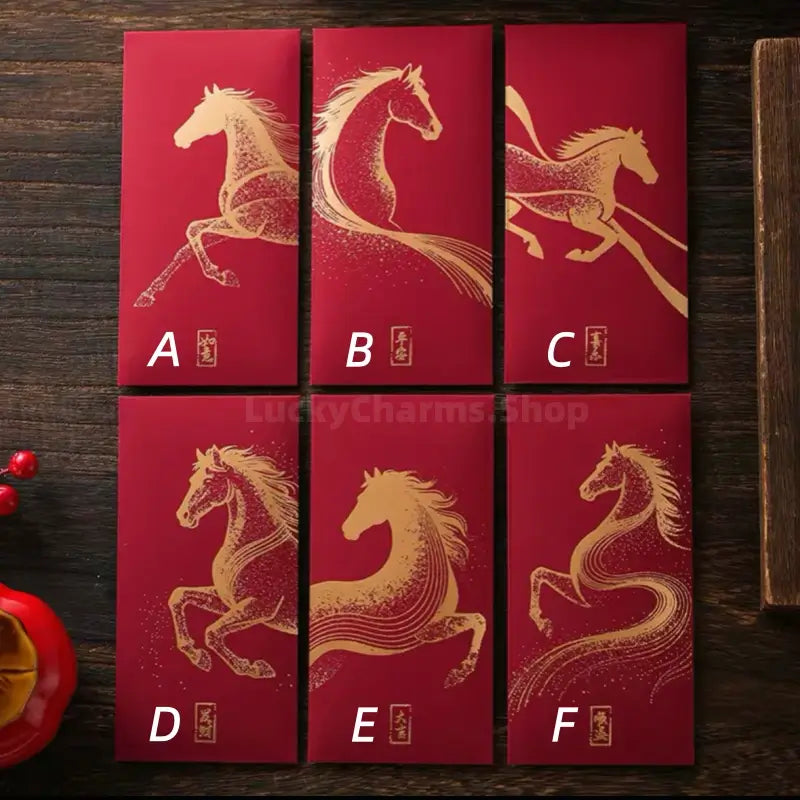 Burgundy Textured Red Envelopes | Gold Horse 6 Blessings Set for Year of the Horse-LuckyCharms.Shop