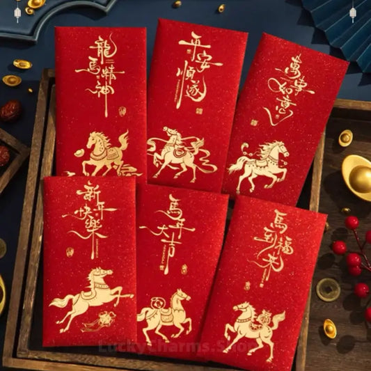 Glitter Gold Foil Red Envelopes Year of the Horse 6 Chinese Calligraphy Wishes Gift Set