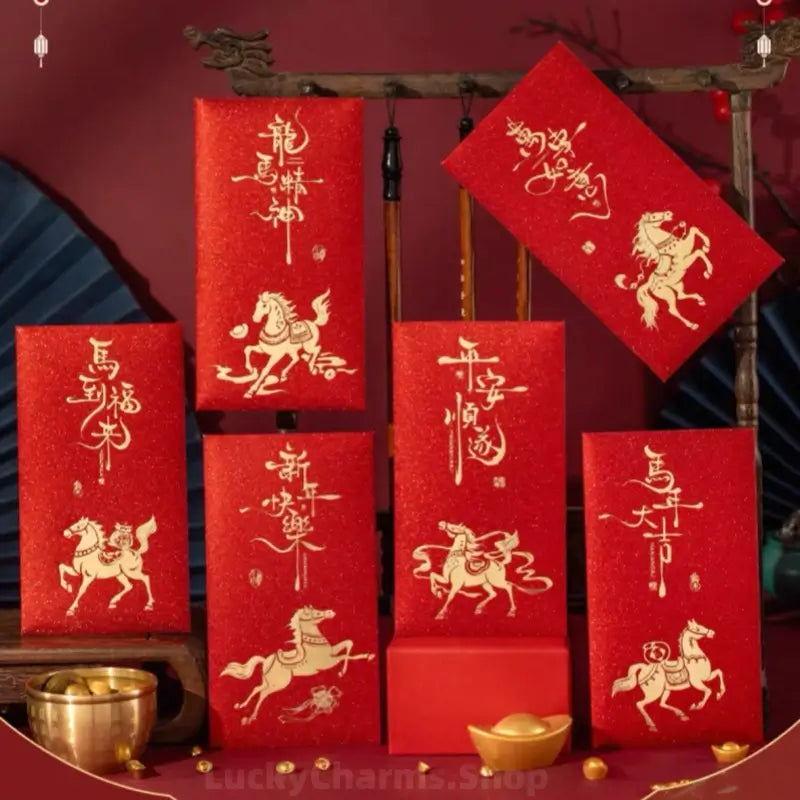 Glitter Gold Foil Red Envelopes Year of the Horse 6 Chinese Calligraphy Wishes Gift Set-LuckyCharms.Shop