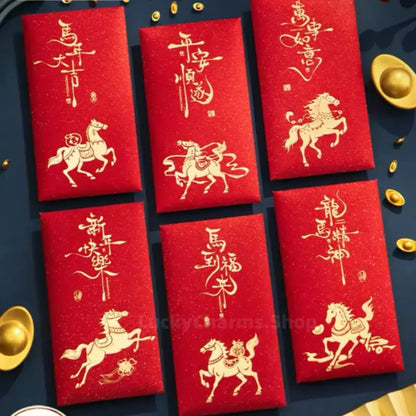 Glitter Gold Foil Red Envelopes Year of the Horse 6 Chinese Calligraphy Wishes Gift Set-LuckyCharms.Shop