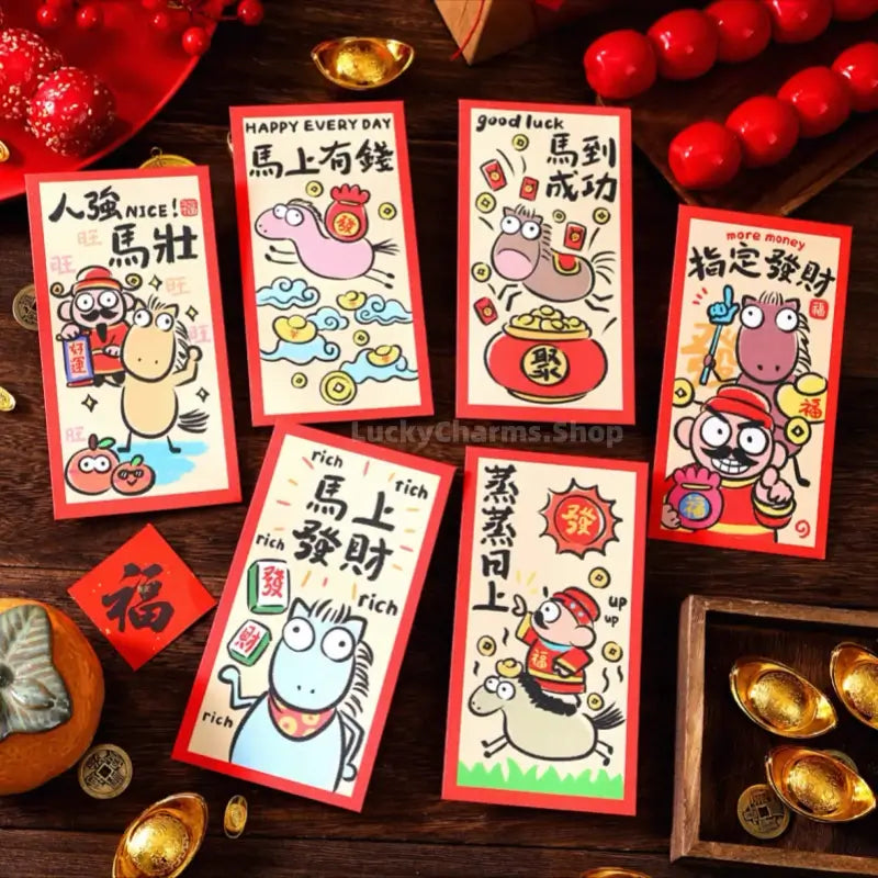 Fun Lucky Money Envelopes | Playful Horse Designs Gold Foil 6pcs for New Year Gifting-LuckyCharms.Shop