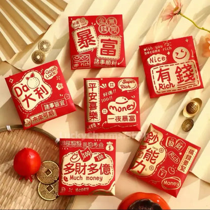 Trendy Lucky Money Envelopes | Red Gold Foil 6 Wealth Phrases Gift Set 2 Sizes-LuckyCharms.Shop