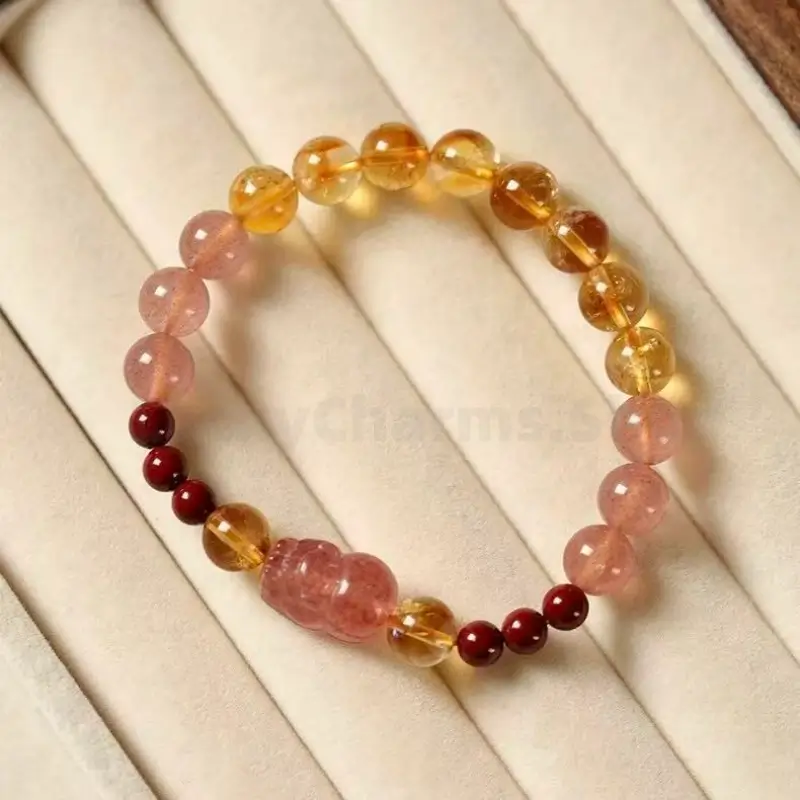 Citrine & Cinnabar Beaded Pixiu Strawberry Quartz Wealth & Luck Bracelet-LuckyCharms.Shop