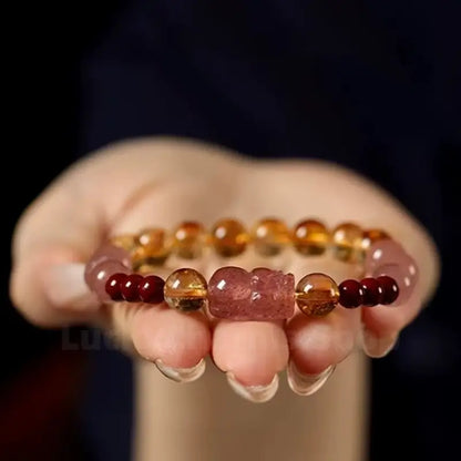 Citrine & Cinnabar Beaded Pixiu Strawberry Quartz Wealth & Luck Bracelet-LuckyCharms.Shop