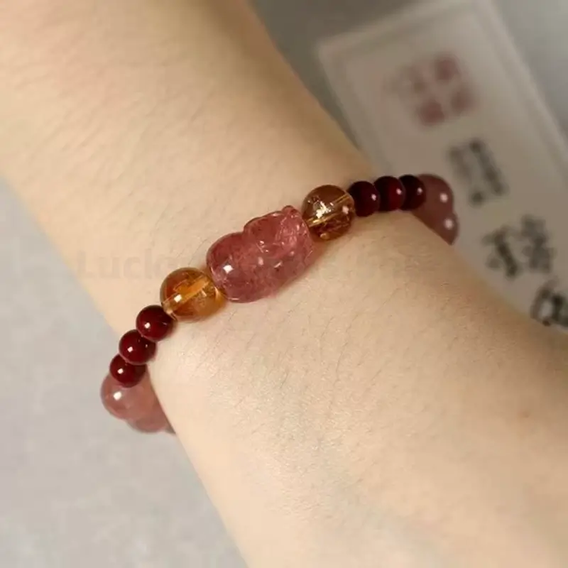 Citrine & Cinnabar Beaded Pixiu Strawberry Quartz Wealth & Luck Bracelet-LuckyCharms.Shop