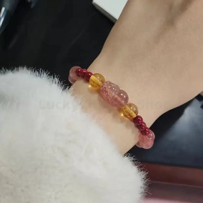 Citrine & Cinnabar Beaded Pixiu Strawberry Quartz Wealth & Luck Bracelet-LuckyCharms.Shop