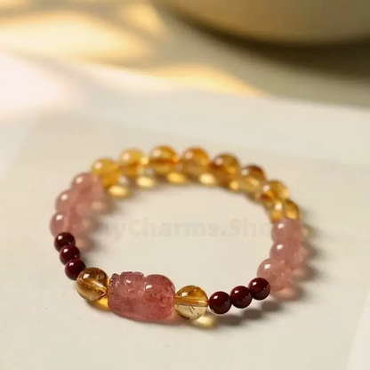 Citrine & Cinnabar Beaded Pixiu Strawberry Quartz Wealth & Luck Bracelet-LuckyCharms.Shop